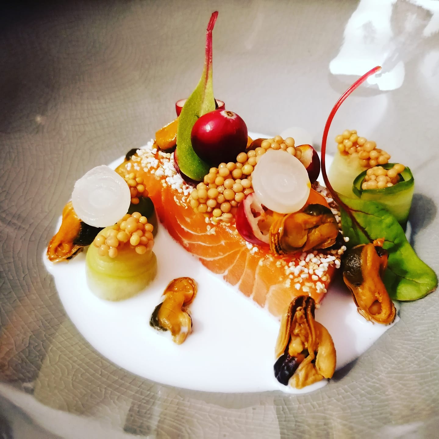 Lachs mit Senfkaviar, Miesmuscheln und Cranberry